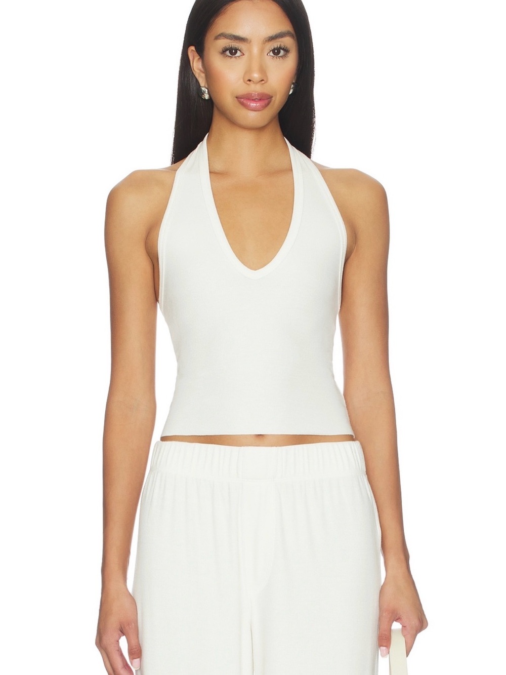 Eterne White Ribbed Halter V-Neck Cropped Tank